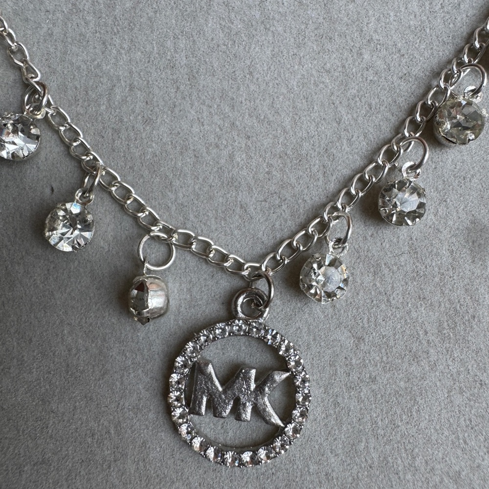 Michael Kors MK Charm Bracelet Silver Tone Rhinestone Logo 9” + 2” Extender - Picture 2 of 5